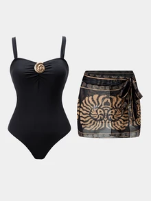 Swim Oasis Women's Spring/Summer Vacation Print Black Seashell Metal Buckle Decor One-Piece Swimsuit With Wrap Skirt - Black - View 6