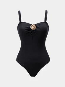 Swim Oasis Women's Spring/Summer Vacation Print Black Seashell Metal Buckle Decor One-Piece Swimsuit With Wrap Skirt - Black - View 3