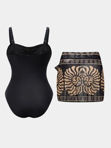 Swim Oasis Women's Spring/Summer Vacation Print Black Seashell Metal Buckle Decor One-Piece Swimsuit With Wrap Skirt - Black - View 2