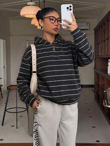Muchica 女款輕量運動衫，休閒極簡學院風設計，全黑白條紋印花，適合秋冬穿著 - 彩色 - 查看 5