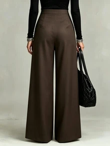 SHEIN Celana Panjang Wanita Model Vintage Cokelat Pinggang Tinggi dengan Potongan Lebar / Celana Panjang Berlipit, Longgar, Ramping, dan Lurus Hingga Lantai untuk Berpergian - Coklat - View 2