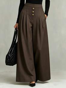 SHEIN Celana Panjang Wanita Model Vintage Cokelat Pinggang Tinggi dengan Potongan Lebar / Celana Panjang Berlipit, Longgar, Ramping, dan Lurus Hingga Lantai untuk Berpergian - Coklat - View 6