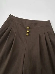 SHEIN Celana Panjang Wanita Model Vintage Cokelat Pinggang Tinggi dengan Potongan Lebar / Celana Panjang Berlipit, Longgar, Ramping, dan Lurus Hingga Lantai untuk Berpergian - Coklat - View 7