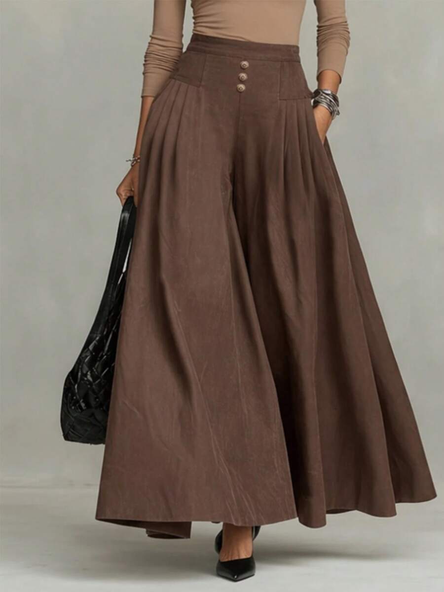 SHEIN Celana Panjang Wanita Model Vintage Cokelat Pinggang Tinggi dengan Potongan Lebar / Celana Panjang Berlipit, Longgar, Ramping, dan Lurus Hingga Lantai untuk Berpergian - Coklat - View 1