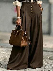 SHEIN Celana Panjang Wanita Model Vintage Cokelat Pinggang Tinggi dengan Potongan Lebar / Celana Panjang Berlipit, Longgar, Ramping, dan Lurus Hingga Lantai untuk Berpergian - Coklat - View 4