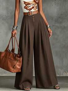SHEIN Celana Panjang Wanita Model Vintage Cokelat Pinggang Tinggi dengan Potongan Lebar / Celana Panjang Berlipit, Longgar, Ramping, dan Lurus Hingga Lantai untuk Berpergian - Coklat - View 3