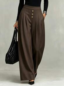 SHEIN Celana Panjang Wanita Model Vintage Cokelat Pinggang Tinggi dengan Potongan Lebar / Celana Panjang Berlipit, Longgar, Ramping, dan Lurus Hingga Lantai untuk Berpergian - Coklat - View 5