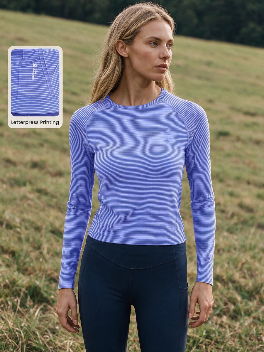 WanderVale Blue Striped Wrist Length Sleeve Women's Outdoor Tee With Raglan Sleeve Design And Round Neckline Long Sleeve Sports Top Blue Active Top - Blue - View 1