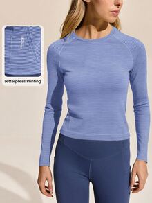 WanderVale Blue Striped Wrist Length Sleeve Women's Outdoor Tee With Raglan Sleeve Design And Round Neckline Long Sleeve Sports Top Blue Active Top - Blue - View 3