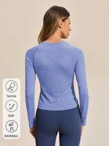 WanderVale Blue Striped Wrist Length Sleeve Women's Outdoor Tee With Raglan Sleeve Design And Round Neckline Long Sleeve Sports Top Blue Active Top - Blue - View 2