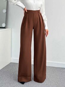 SHEIN Tall CURVE 大尺碼女款純色百褶寬腿寬鬆休閒長褲 - 咖啡棕 - 查看 5