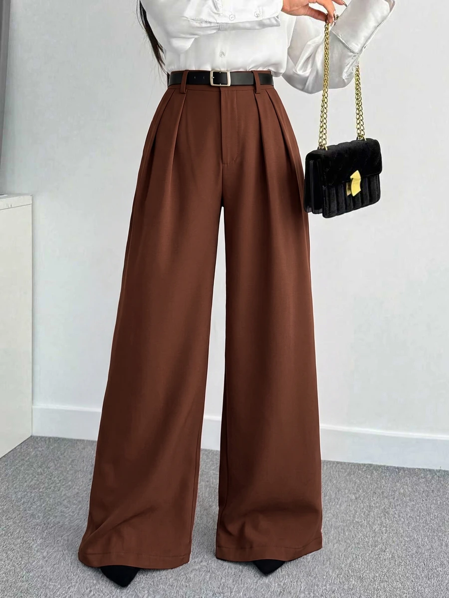 SHEIN Tall CURVE 大尺碼女款純色百褶寬腿寬鬆休閒長褲 - 咖啡棕 - 查看 1