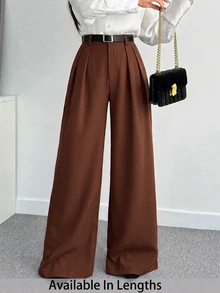 SHEIN Tall CURVE 大尺碼女款純色百褶寬腿寬鬆休閒長褲 - 咖啡棕 - 查看 4