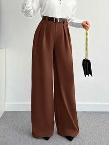 SHEIN Tall CURVE 大尺碼女款純色百褶寬腿寬鬆休閒長褲 - 咖啡棕 - 查看 6