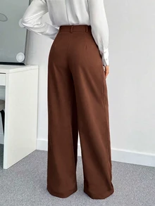 SHEIN Tall CURVE 大尺碼女款純色百褶寬腿寬鬆休閒長褲 - 咖啡棕 - 查看 2
