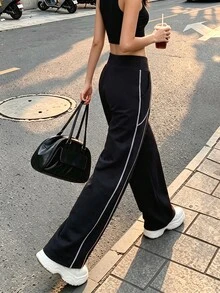 SHEIN Sweetro Women's Contrast Trim Athletic Pants - Black - View 2