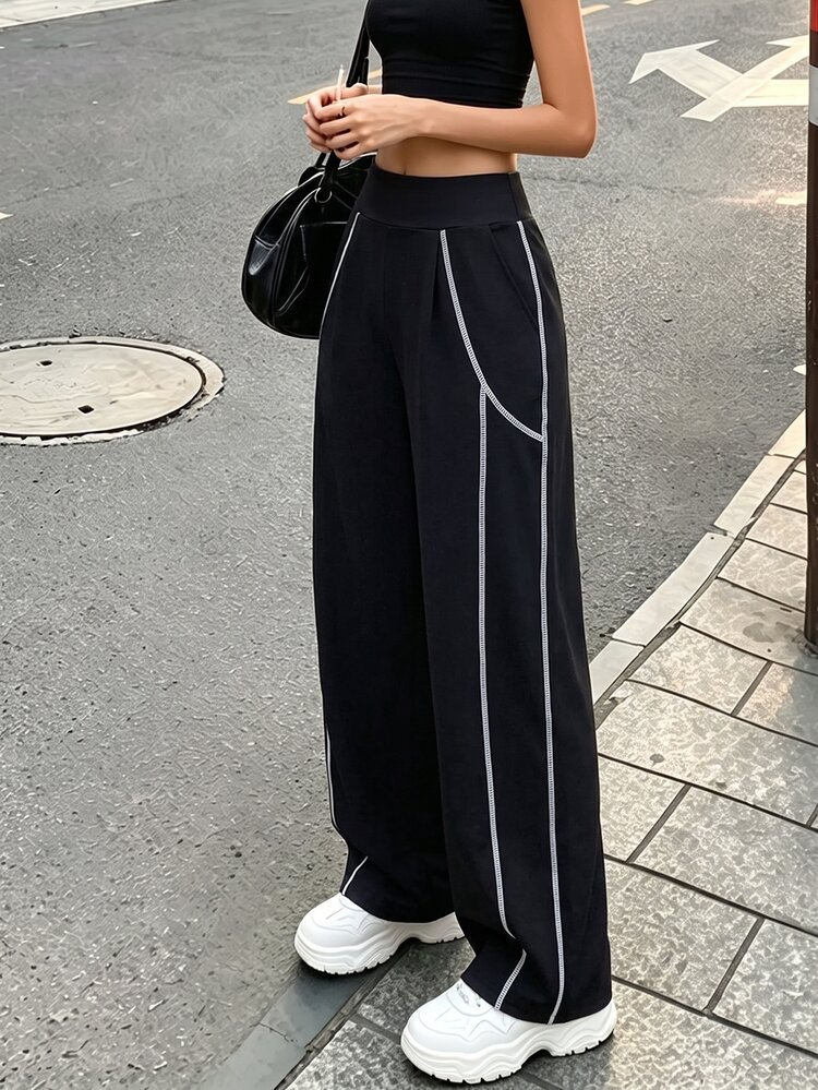 SHEIN Sweetro 女款對比飾邊運動長褲 - 黑色 - 查看 5