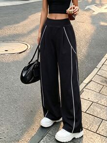 SHEIN Sweetro Women's Contrast Trim Athletic Pants - Black - View 4