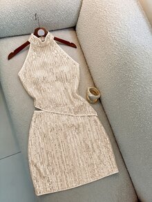 Nevyona Women's Vacation Sequin Asymmetrical Hem Halter Top And Mini Skirt 2 Pieces Set - Apricot - View 8
