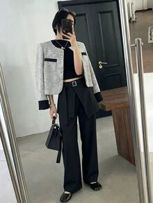 DAZY 女士纯色二合一正装裤，优雅夏季西装裤 - 黑色 - 查看 4