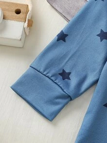 SHEIN Vintaside Kids 男嬰藍灰色星星圖案長袖秋季/秋冬居家服套裝 圓領針織條紋彈性柔軟舒適可愛家庭情侶款 - 彩色 - 查看 7