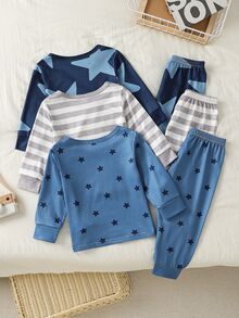 SHEIN Vintaside Kids 男嬰藍灰色星星圖案長袖秋季/秋冬居家服套裝 圓領針織條紋彈性柔軟舒適可愛家庭情侶款 - 彩色 - 查看 2