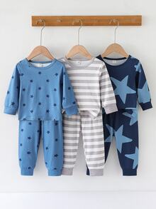 SHEIN Vintaside Kids 男嬰藍灰色星星圖案長袖秋季/秋冬居家服套裝 圓領針織條紋彈性柔軟舒適可愛家庭情侶款 - 彩色 - 查看 3