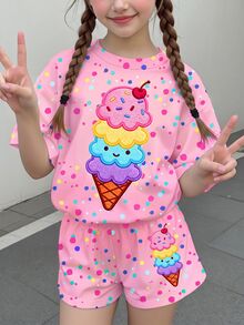 女童小女孩休閒極簡可愛夏季奶油色圖案紮染甜美度假風圓領上衣 - 彩色 - 查看 2