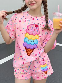 女童小女孩休閒極簡可愛夏季奶油色圖案紮染甜美度假風圓領上衣 - 彩色 - 查看 1