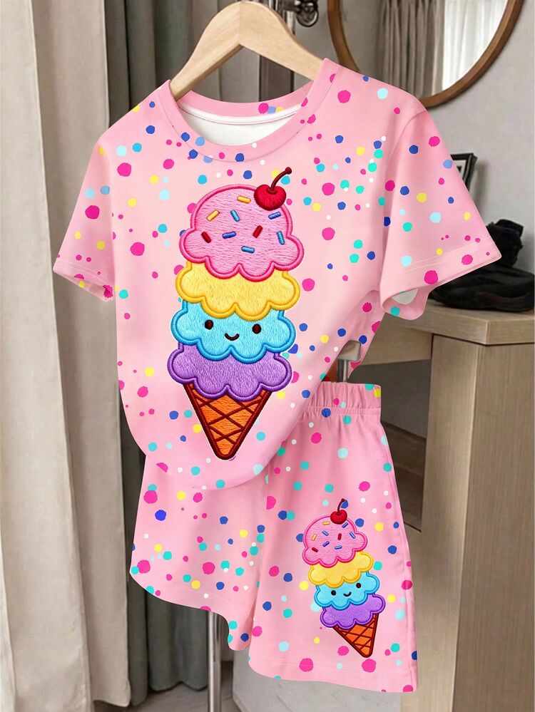 Kids Young Girl Young Girl Casual Minimalist Cute Summer Cream Graphic Tie-Dye Sweet Vacation Style Round Neck - Multicolor - View 4