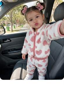 SHEIN Baby Girl Heart Pattern Contrast Binding Teddy Autumn Winter Jacket & Pants - Pink - View 6