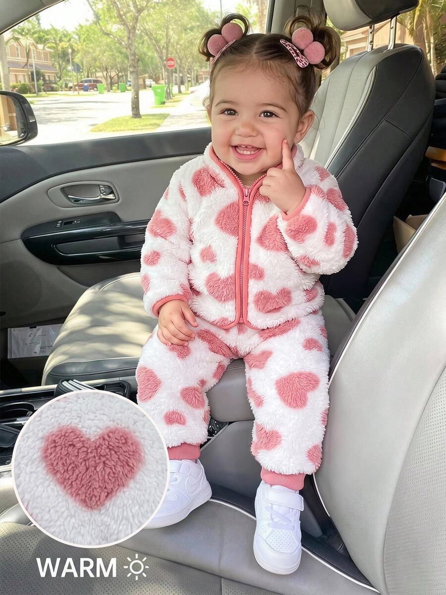 SHEIN Baby Girl Heart Pattern Contrast Binding Teddy Autumn Winter Jacket & Pants - Pink - View 1