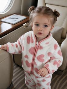 SHEIN Baby Girl Heart Pattern Contrast Binding Teddy Autumn Winter Jacket & Pants - Pink - View 5