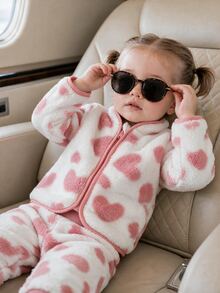SHEIN Baby Girl Heart Pattern Contrast Binding Teddy Autumn Winter Jacket & Pants - Pink - View 4