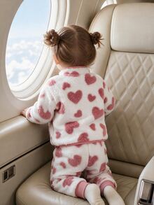 SHEIN Baby Girl Heart Pattern Contrast Binding Teddy Autumn Winter Jacket & Pants - Pink - View 2