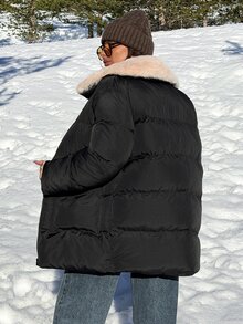 Lumivelle Women's Waterproof Oversized Puffer Jacket Featuring A Contrast Faux-Fur Spread Collar, Deep Side Pockets, And Daily Statement Silhouette, Daily Street Collection - Black - View 2
