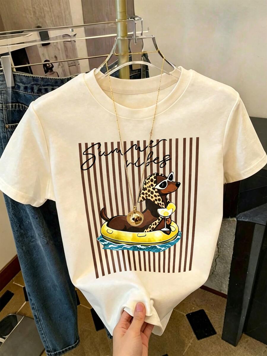 DrmWander 女款圓領短袖T恤,可愛臘腸狗夏日氛圍卡通圖案印花休閒日常寬鬆上衣 - 白色 - 查看 1