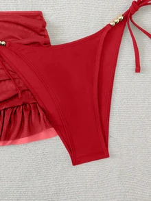 Swim SXY 女款夏季性感純色V領掛脖綁帶比基尼三件套，附外罩裙 - 紅色 - 查看 5