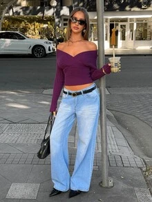 Aloruh Women's New Autumn/Winter Knitted Sweater, Sweet Off-Shoulder Retro Ribbed Slim Fit Long Sleeve Base Layer - Purple - View 4