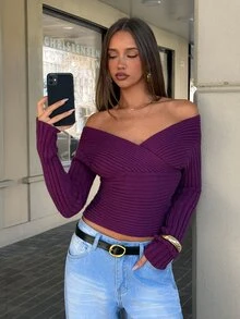 Aloruh Women's New Autumn/Winter Knitted Sweater, Sweet Off-Shoulder Retro Ribbed Slim Fit Long Sleeve Base Layer - Purple - View 5