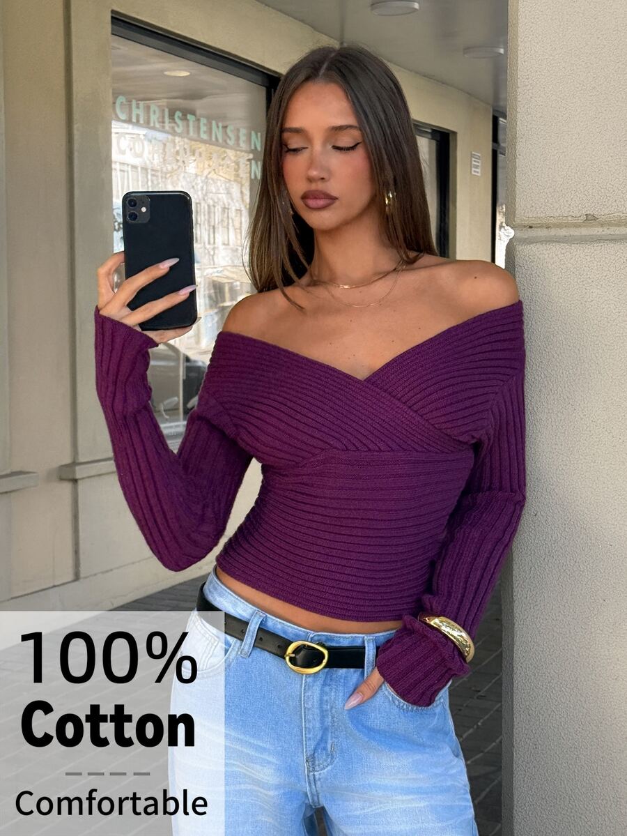 Aloruh Women's New Autumn/Winter Knitted Sweater, Sweet Off-Shoulder Retro Ribbed Slim Fit Long Sleeve Base Layer - Purple - View 1