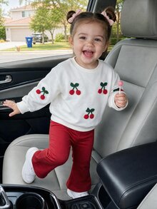 SHEIN طقم كاجوال للبنات الرضع بكنزة طويلة الأكمام مزينة بزخرفة كرز ثلاثية الأبعاد وبنطال واسع الساق لفصلي الخريف والشتاء - ابيض واحمر - مشاهدة 6