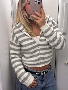 Autumina Women's Loose Casual Fashion Versatile Colorblock Striped Daily Commute Outfit Autumn/Winter Hooded Zip-Up Cardigan - Multicolor - View 1