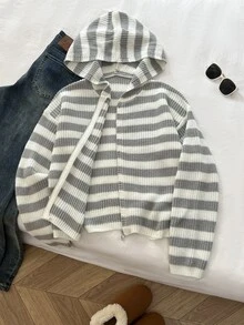 Autumina Women's Loose Casual Fashion Versatile Colorblock Striped Daily Commute Outfit Autumn/Winter Hooded Zip-Up Cardigan - Multicolor - View 4
