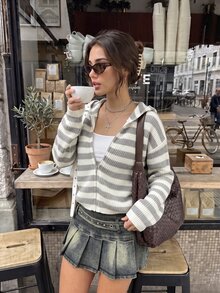 Autumina Women's Loose Casual Fashion Versatile Colorblock Striped Daily Commute Outfit Autumn/Winter Hooded Zip-Up Cardigan - Multicolor - View 3