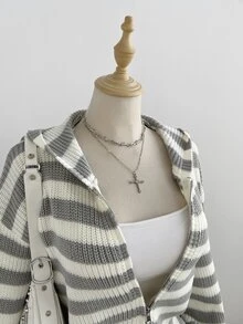 Autumina Women's Loose Casual Fashion Versatile Colorblock Striped Daily Commute Outfit Autumn/Winter Hooded Zip-Up Cardigan - Multicolor - View 8