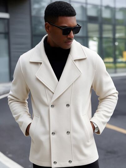 Manfinity CasualCool معطف طويل رجالي بياقة وأزرار، ستايل ستريت وير كاجوال أنيق، مناسب للعمل والتخرج، لون كريمي أبيض، للخريف