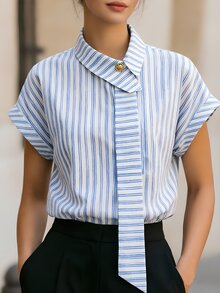 Velvienne French Elegant Formal Blue And White Striped Plus Size Shirt - Blue - View 3