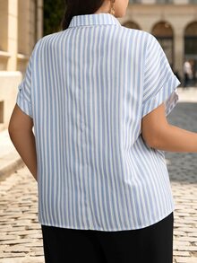 Velvienne French Elegant Formal Blue And White Striped Plus Size Shirt - Blue - View 2