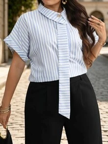 Velvienne French Elegant Formal Blue And White Striped Plus Size Shirt - Blue - View 4